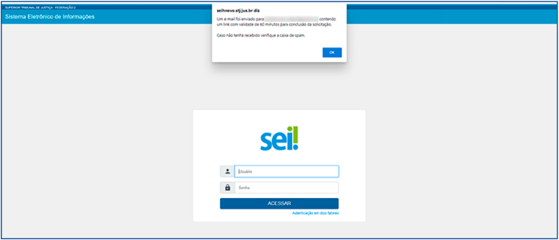 Mensagem de envio do e-mail para habilitação
