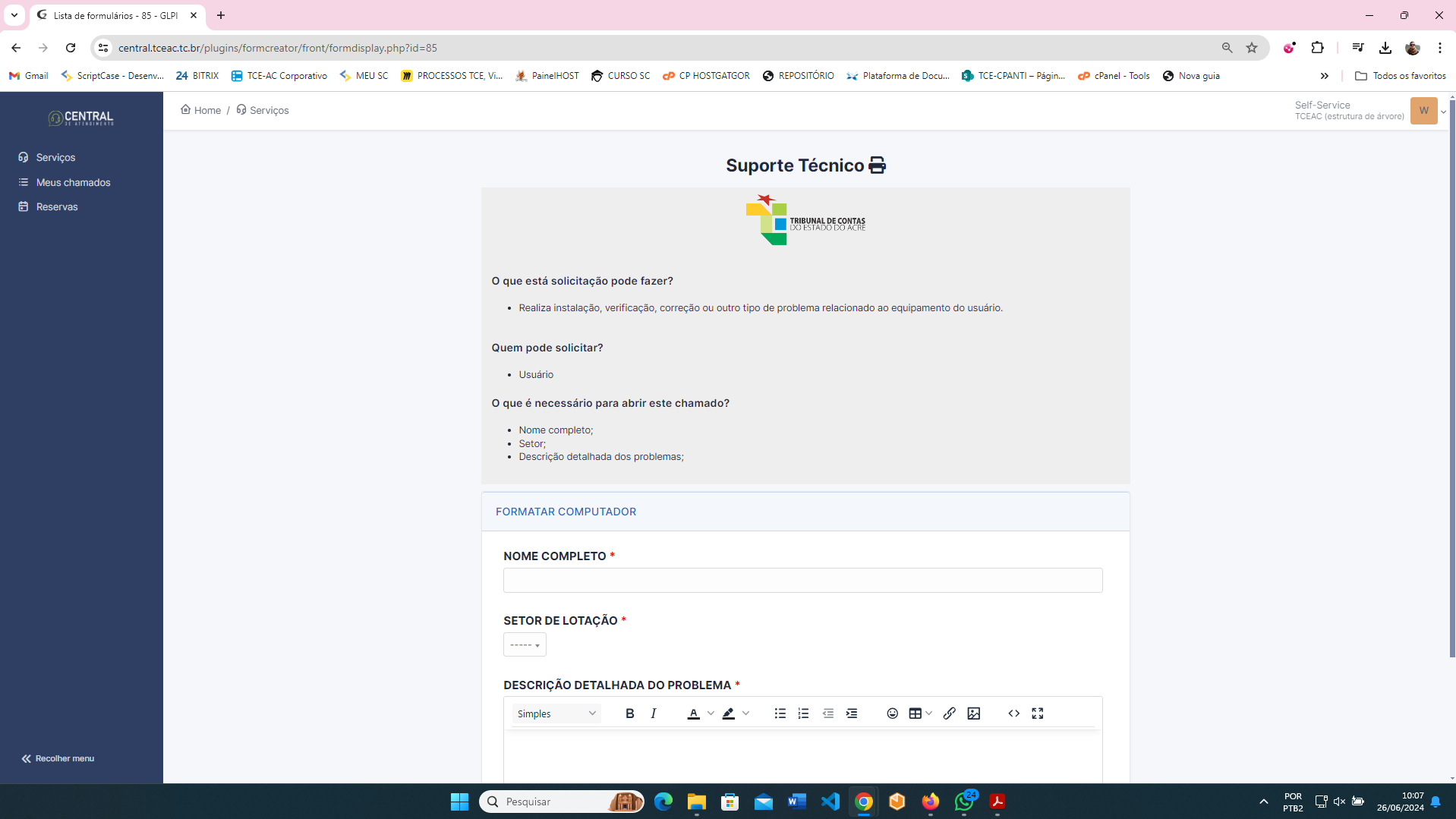 Formulário para abertura de chamado