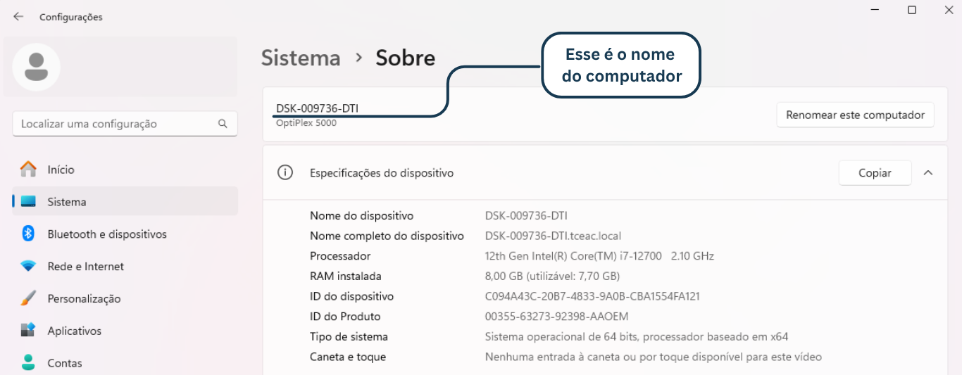 Nome do dispositivo na janela de informações
