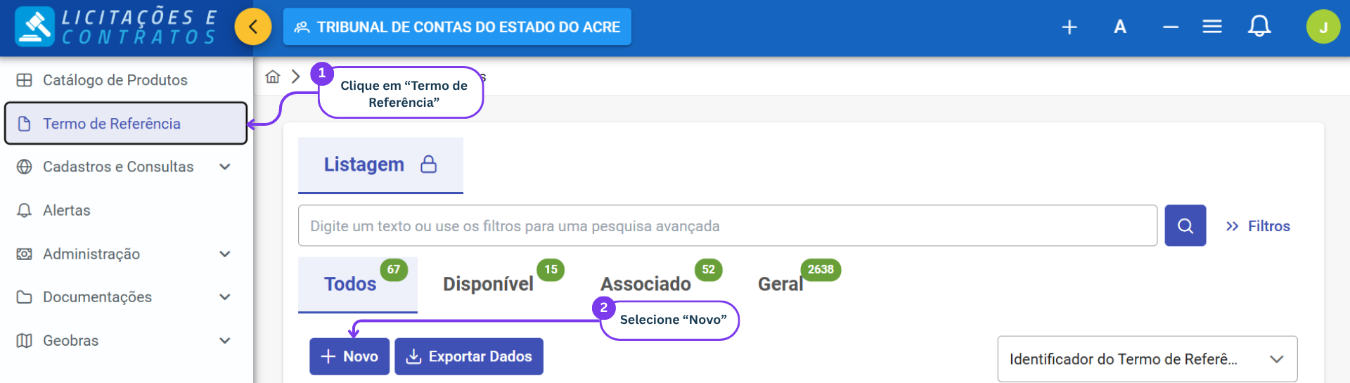Tela de listagem com o botão NOVO